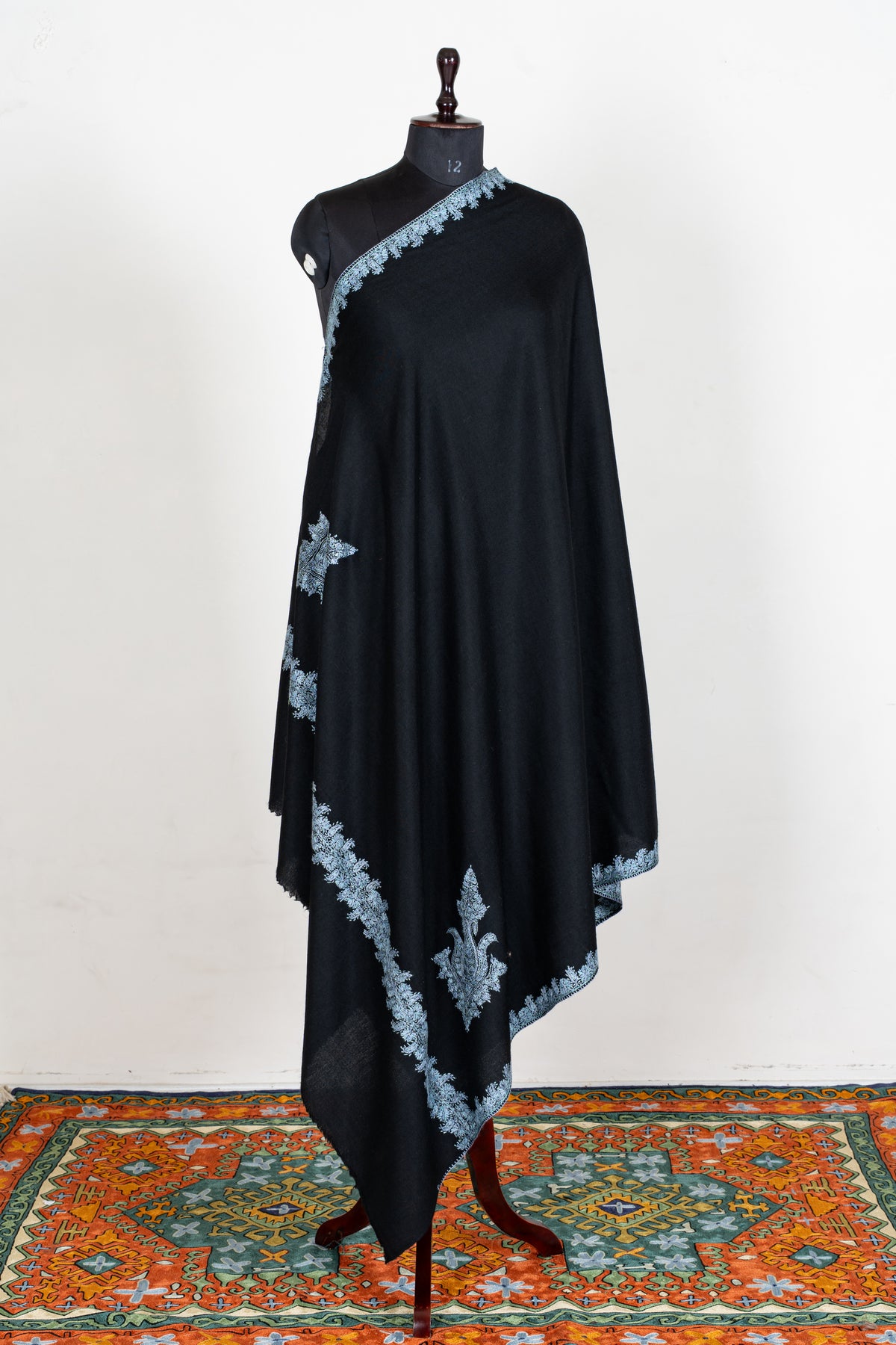 Midnight Frost Merino Wool Shawl with Ice Blue Sozni Hand Embroidered Floral Borders