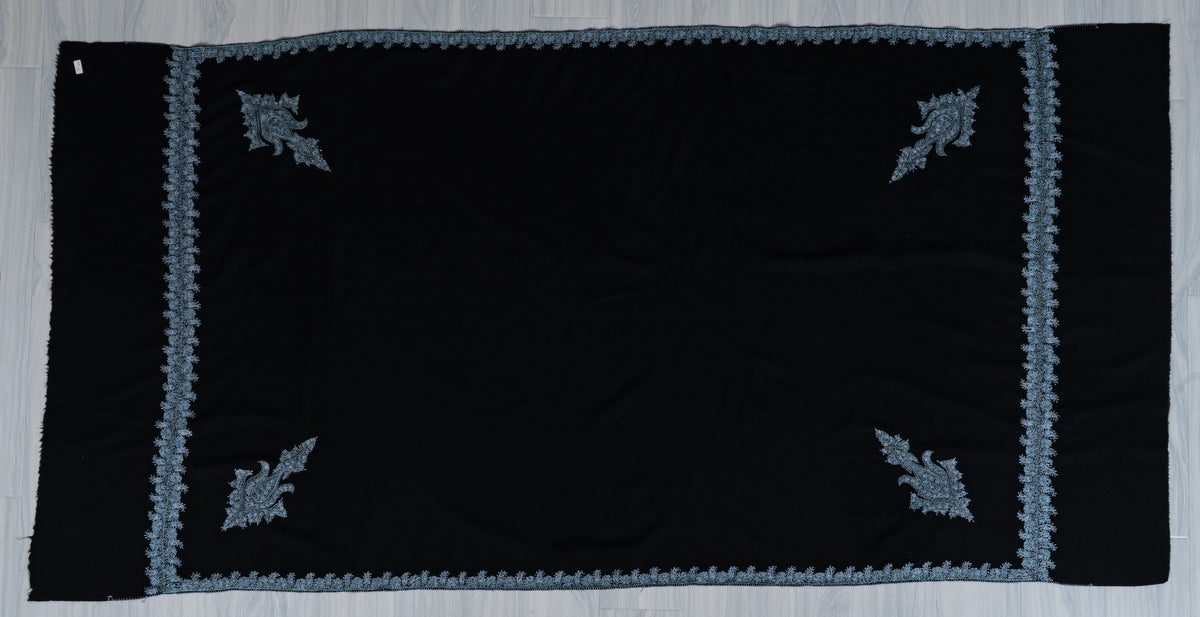 Midnight Frost Merino Wool Shawl with Ice Blue Sozni Hand Embroidered Floral Borders