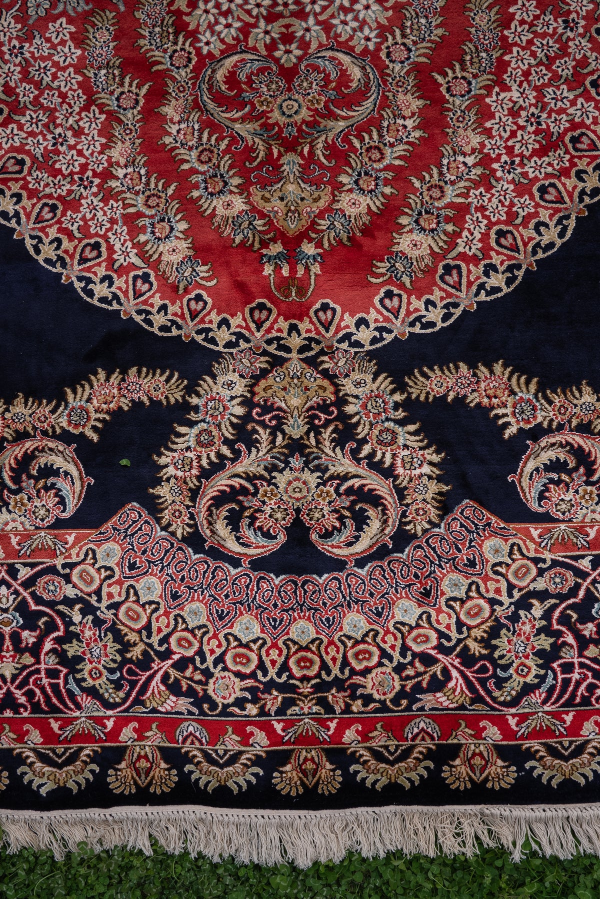 9ft x 6ft: Midnight Ruby Regal Medallion: Hand Knotted Mulberry silk on silk Kashmiri Carpet