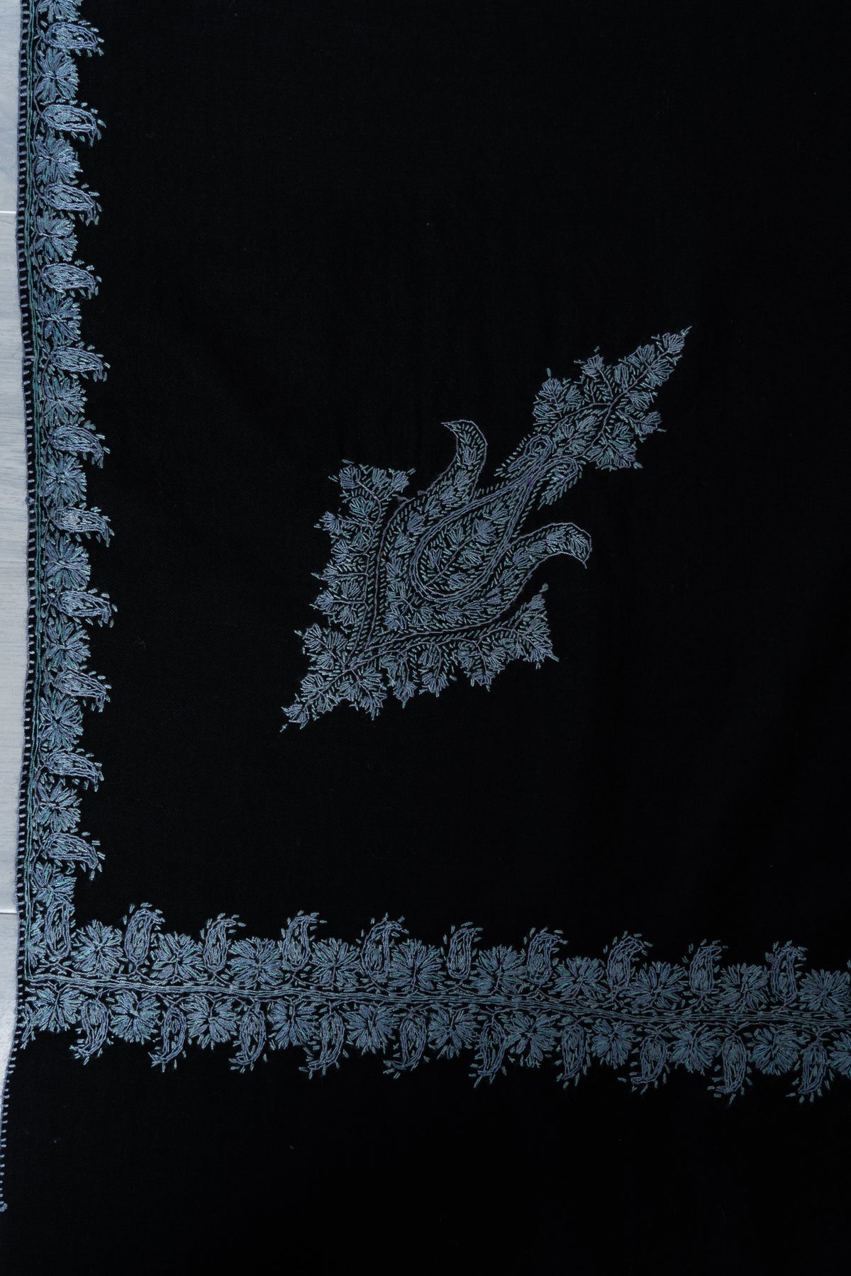 Midnight Frost Merino Wool Shawl with Ice Blue Sozni Hand Embroidered Floral Borders