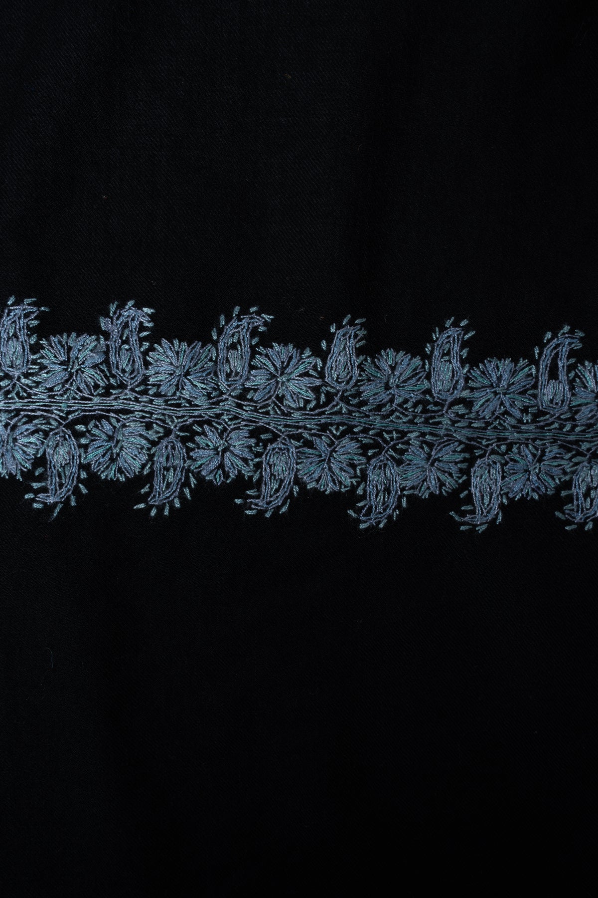Midnight Frost Merino Wool Shawl with Ice Blue Sozni Hand Embroidered Floral Borders