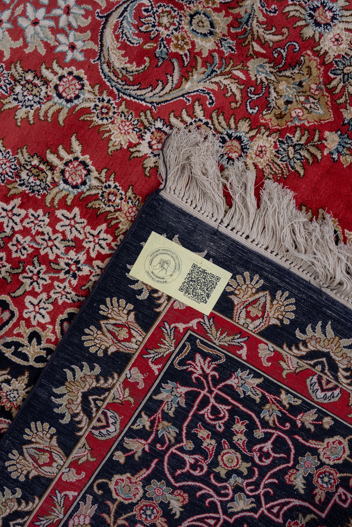 9ft x 6ft: Midnight Ruby Regal Medallion: Hand Knotted Mulberry silk on silk Kashmiri Carpet