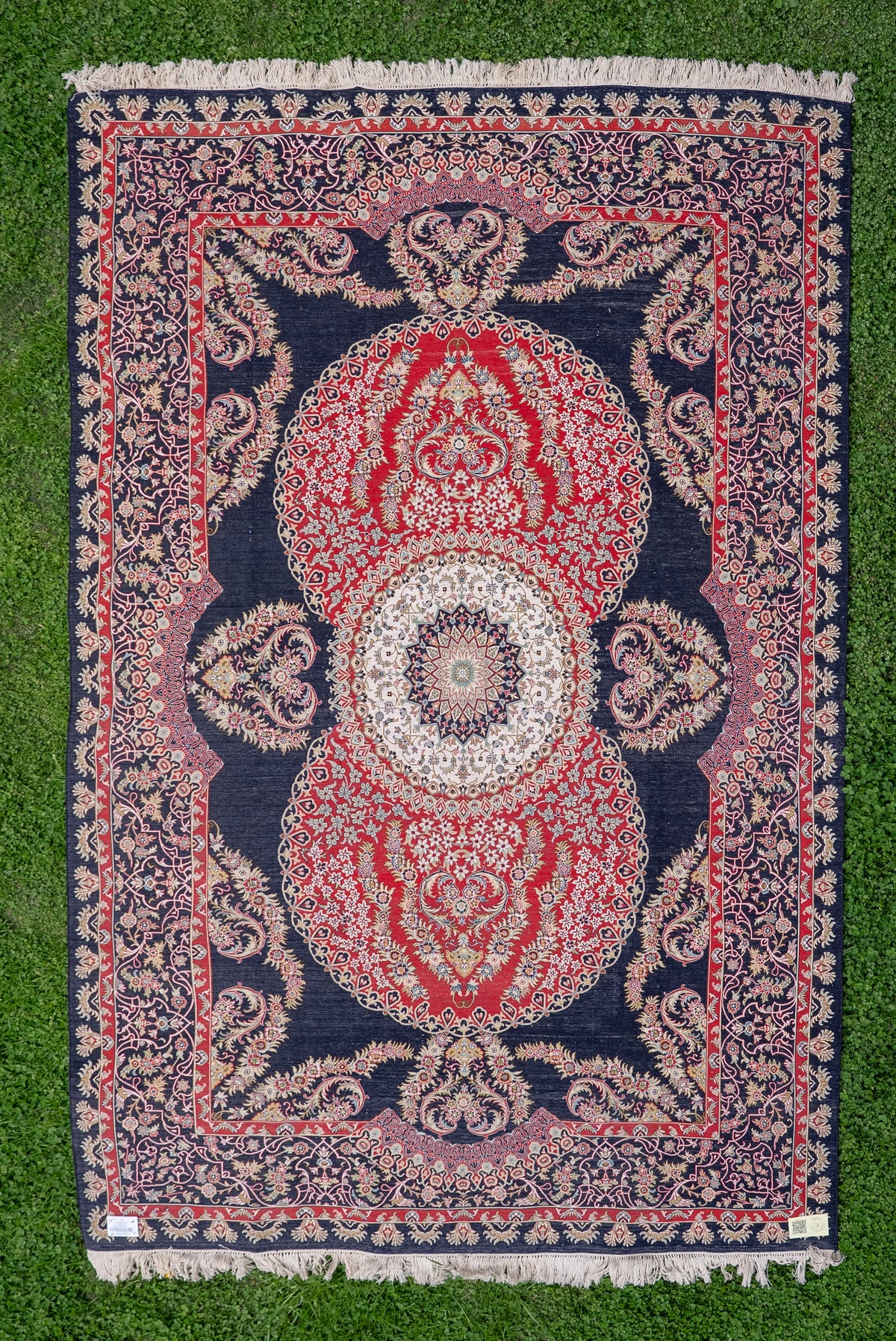 9ft x 6ft: Midnight Ruby Regal Medallion: Hand Knotted Mulberry silk on silk Kashmiri Carpet