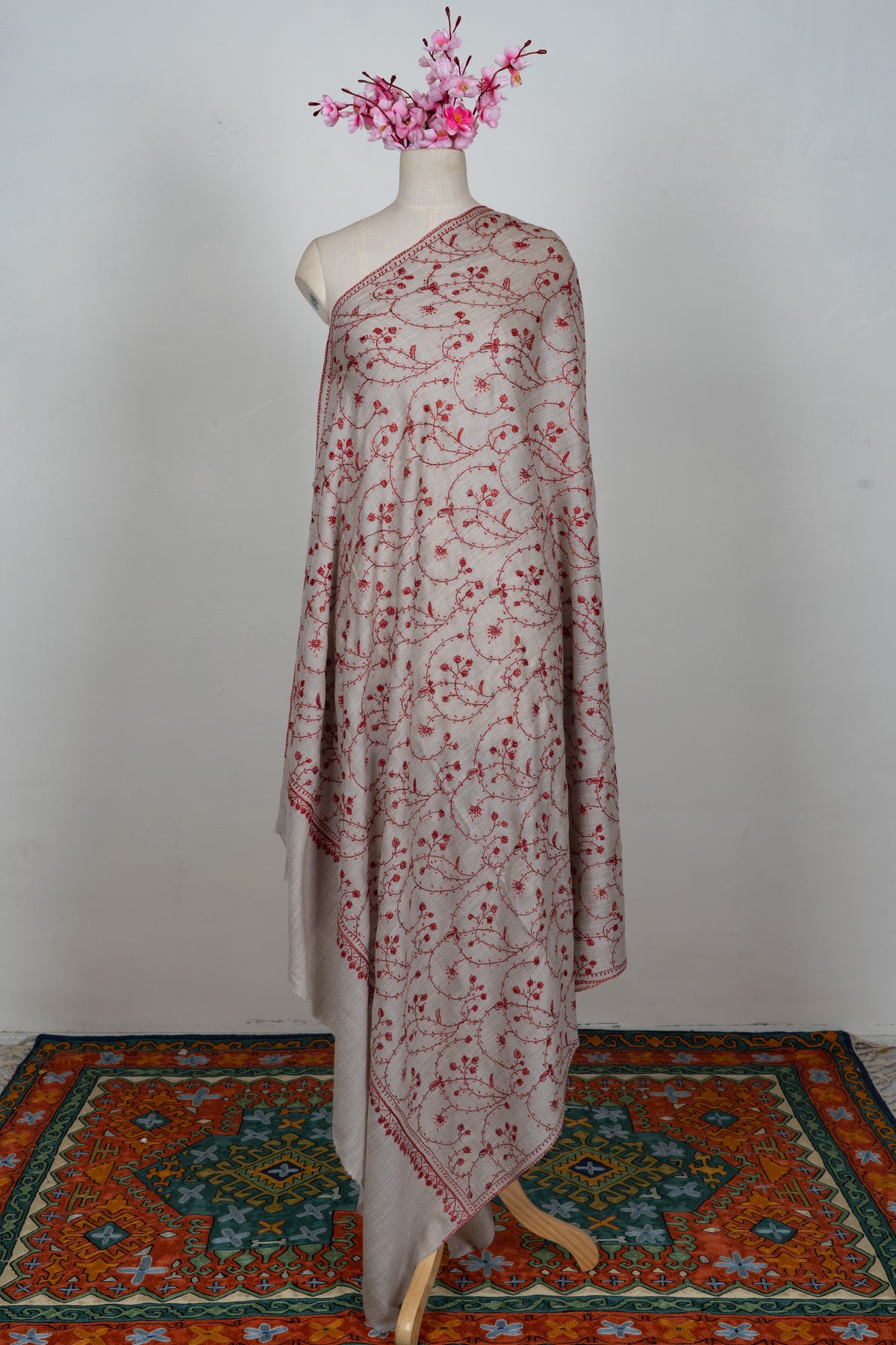 Crimson Frost Elegance: Merino wool 2.5 Yards Sozni Hand Embroidered Shawl