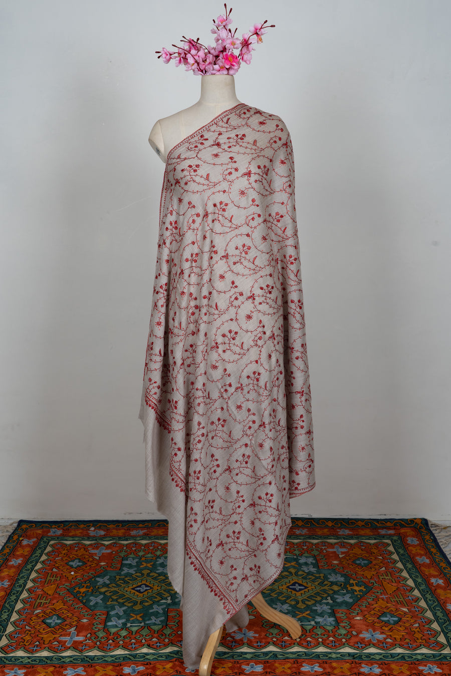 Crimson Frost Elegance: Merino wool 2.5 Yards Sozni Hand Embroidered Shawl