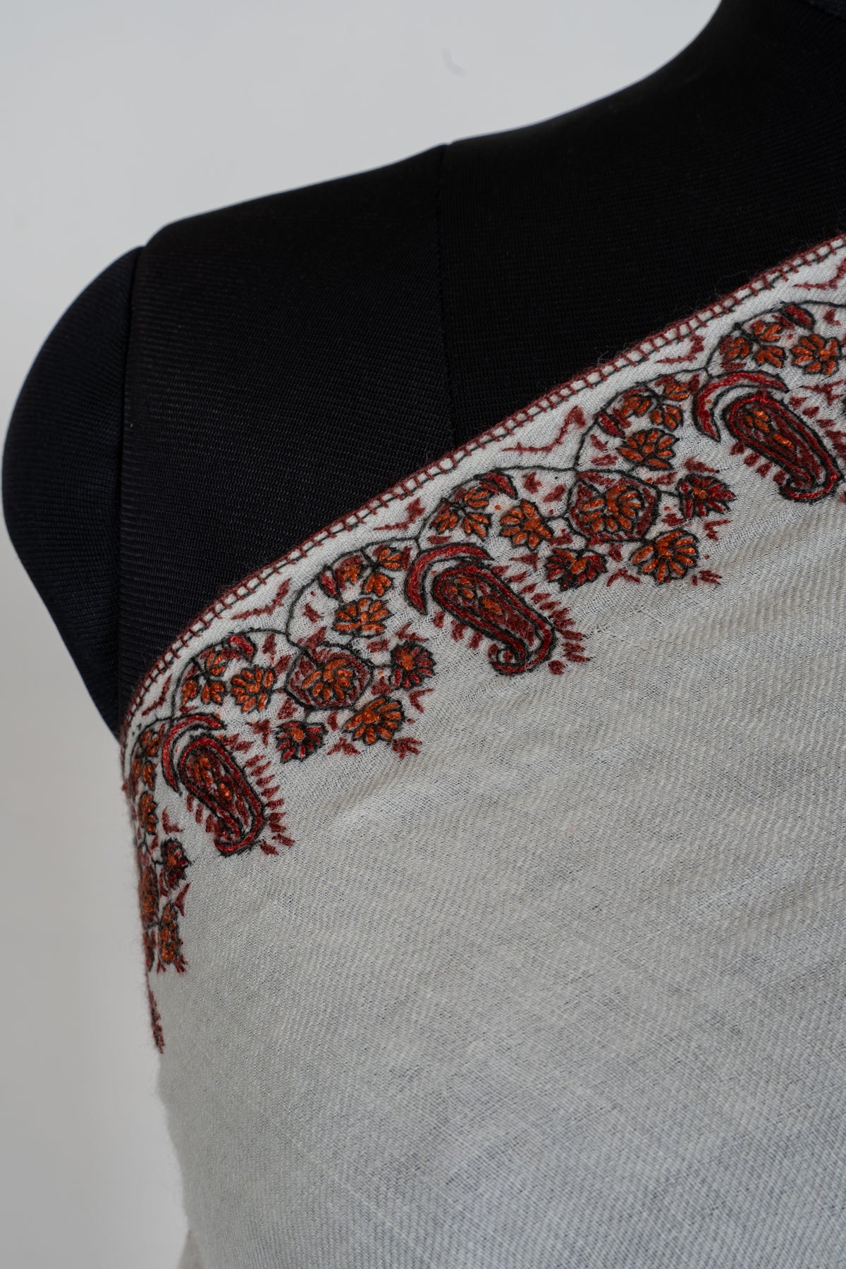 Ivory Whisper Merino Wool Shawl with Chestnut Brown Sozni Hand Embroidered Borders