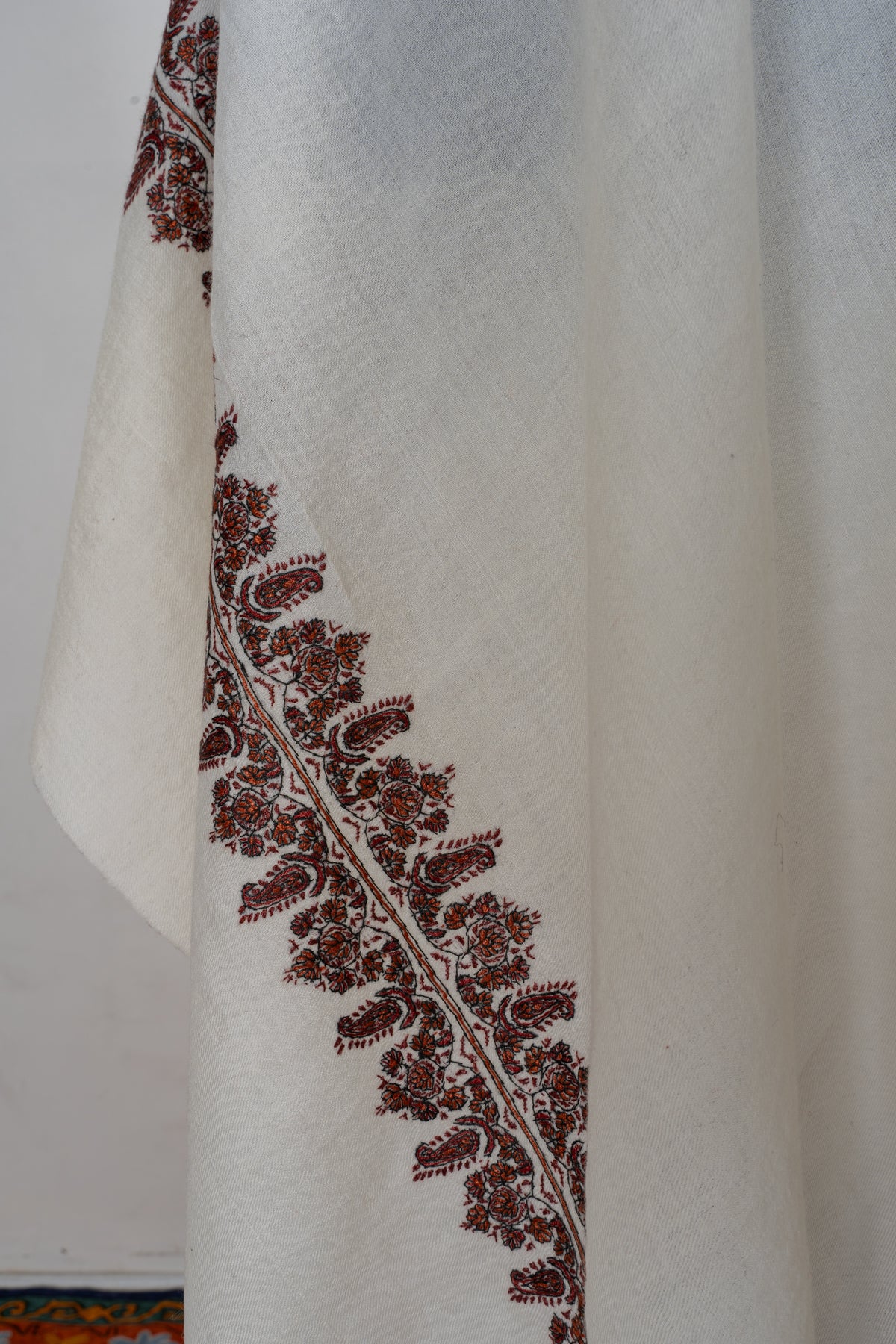 Ivory Whisper Merino Wool Shawl with Chestnut Brown Sozni Hand Embroidered Borders