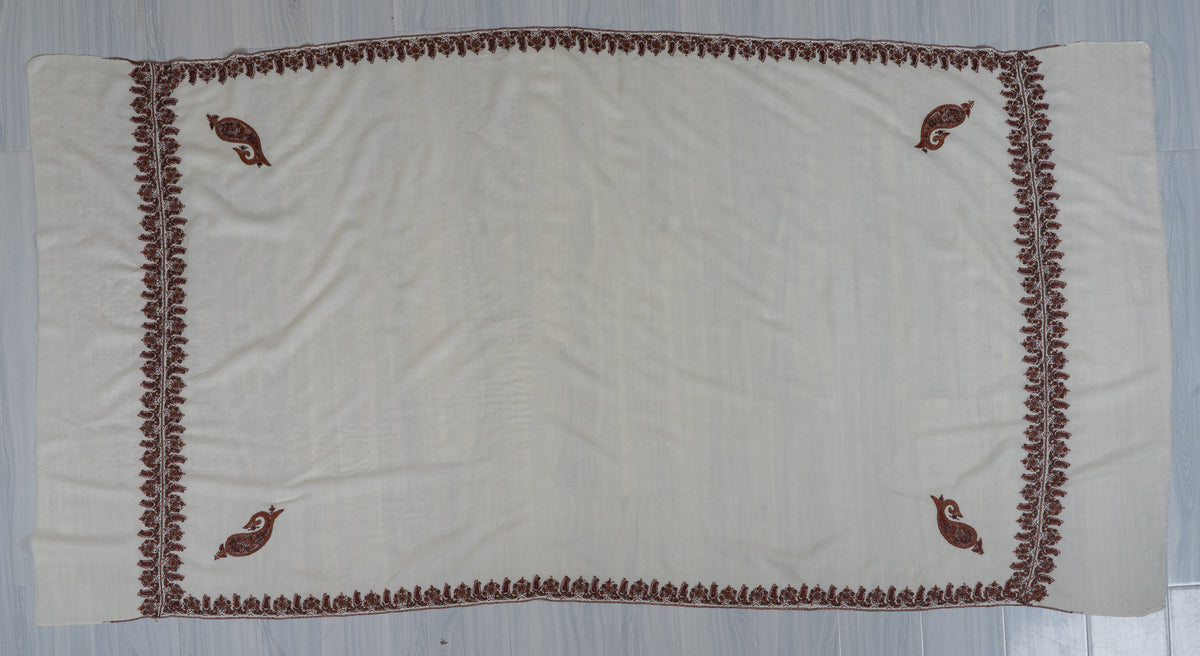 Ivory Whisper Merino Wool Shawl with Chestnut Brown Sozni Hand Embroidered Borders
