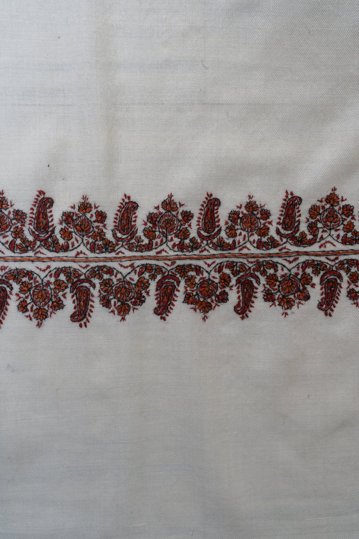 Ivory Whisper Merino Wool Shawl with Chestnut Brown Sozni Hand Embroidered Borders