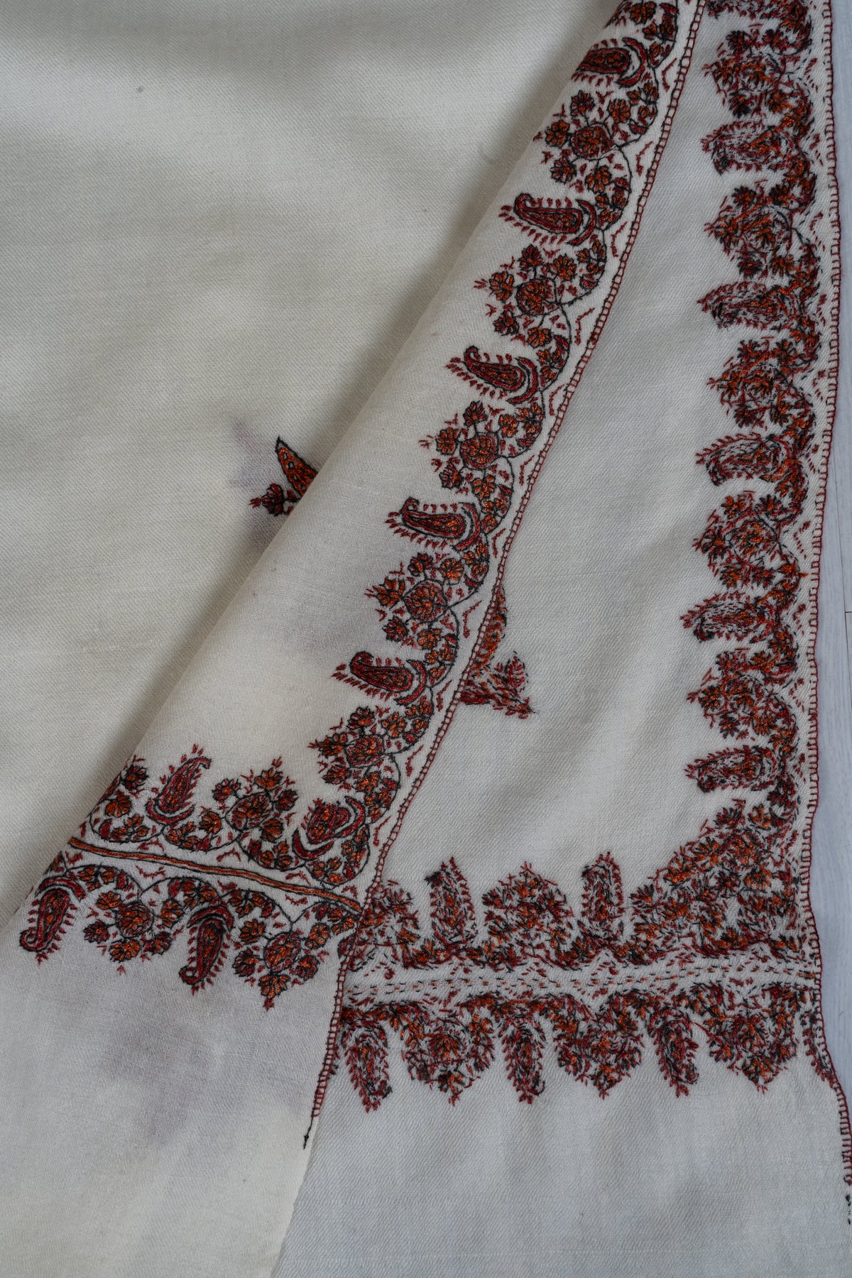 Ivory Whisper Merino Wool Shawl with Chestnut Brown Sozni Hand Embroidered Borders