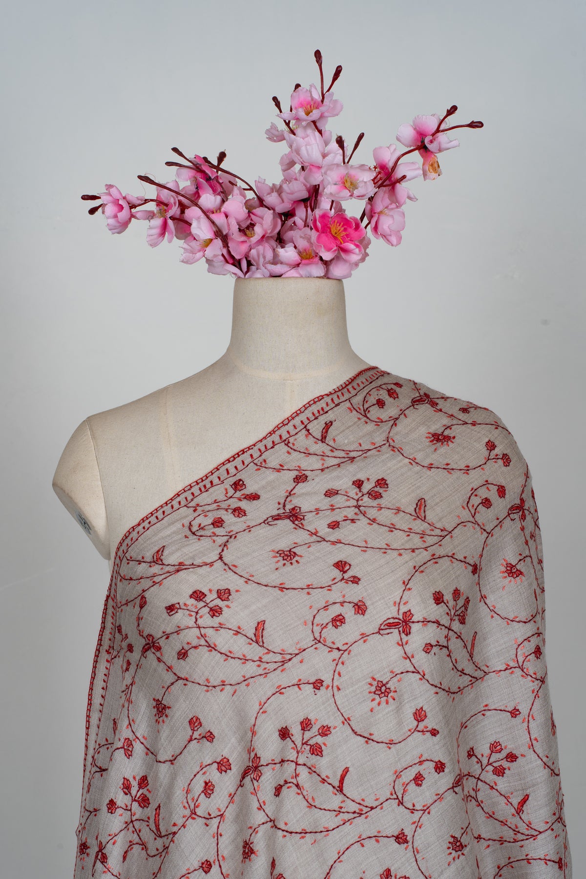 Crimson Frost Elegance: Merino wool 2.5 Yards Sozni Hand Embroidered Shawl