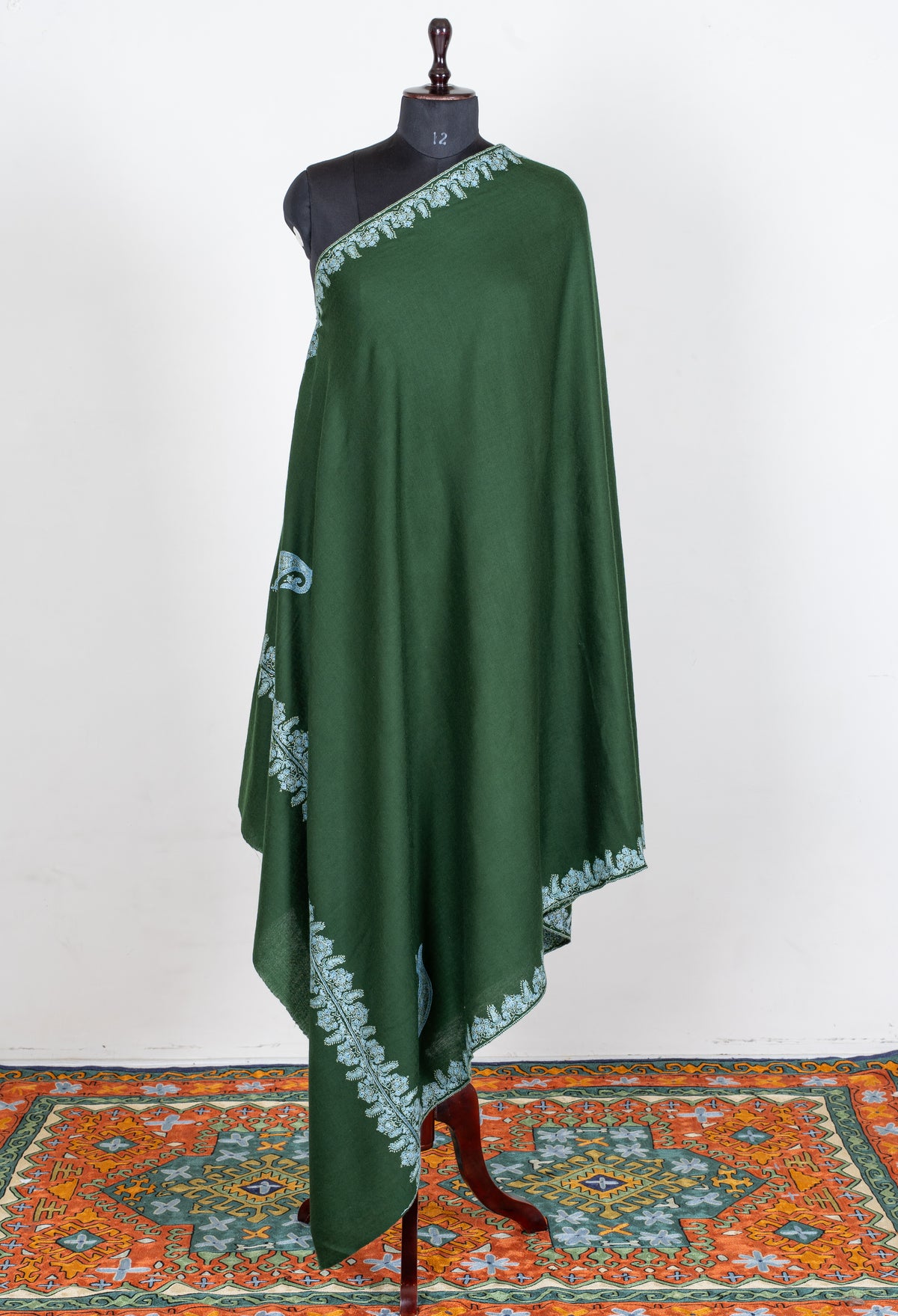 Emerald Forest Merino Wool Shawl with Ice Blue Sozni Hand Embroidered Floral Borders