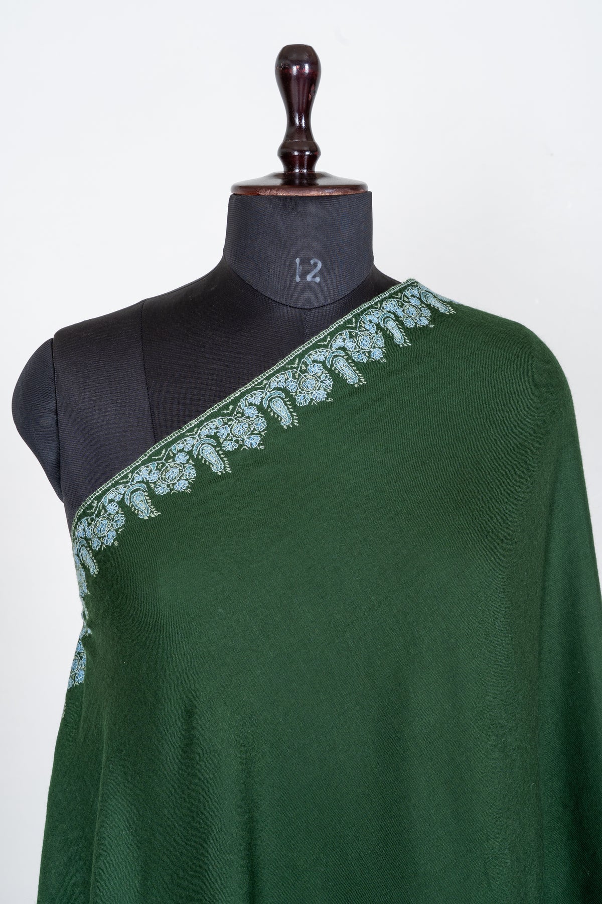 Emerald Forest Merino Wool Shawl with Ice Blue Sozni Hand Embroidered Floral Borders