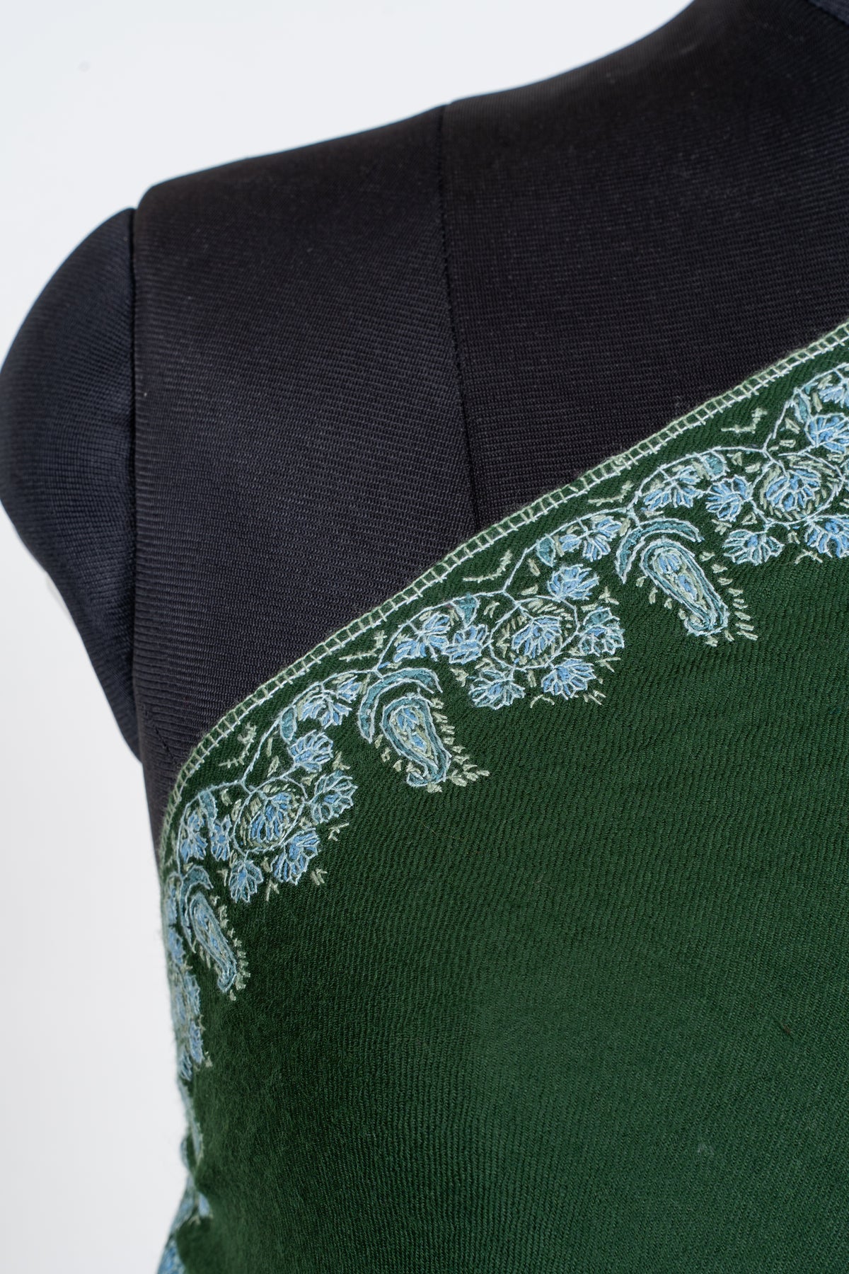 Emerald Forest Merino Wool Shawl with Ice Blue Sozni Hand Embroidered Floral Borders