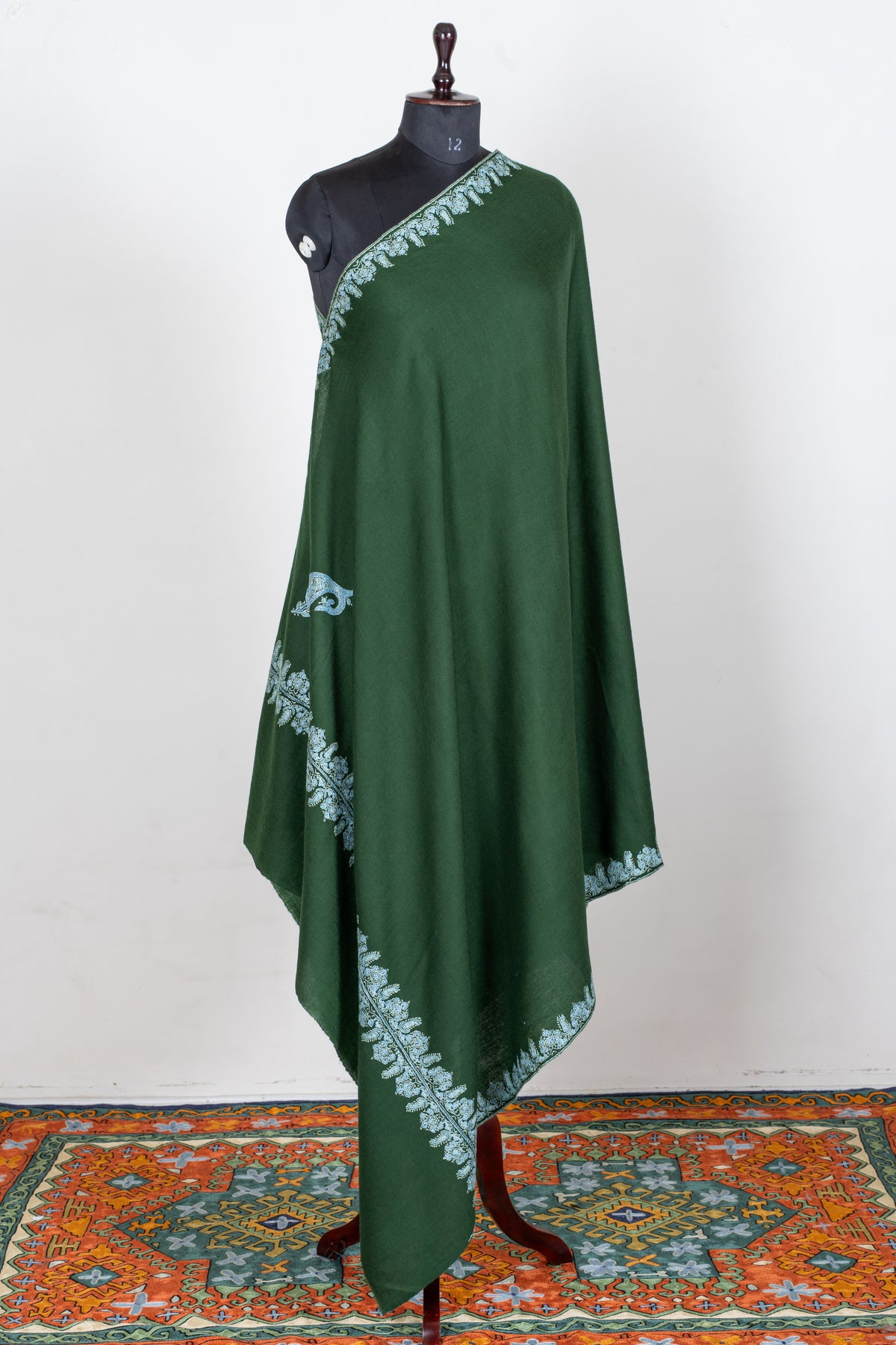 Emerald Forest Merino Wool Shawl with Ice Blue Sozni Hand Embroidered Floral Borders
