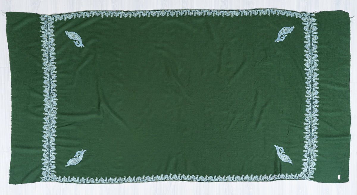 Emerald Forest Merino Wool Shawl with Ice Blue Sozni Hand Embroidered Floral Borders