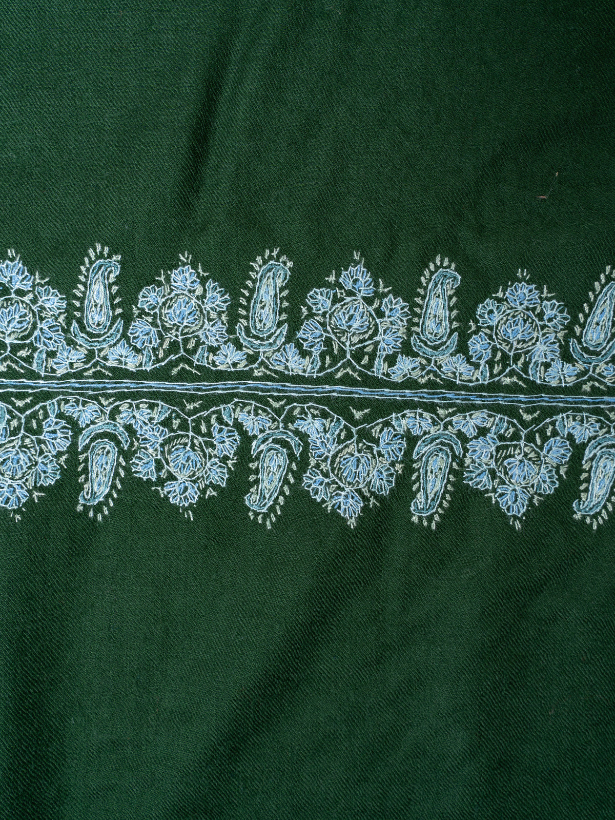 Emerald Forest Merino Wool Shawl with Ice Blue Sozni Hand Embroidered Floral Borders