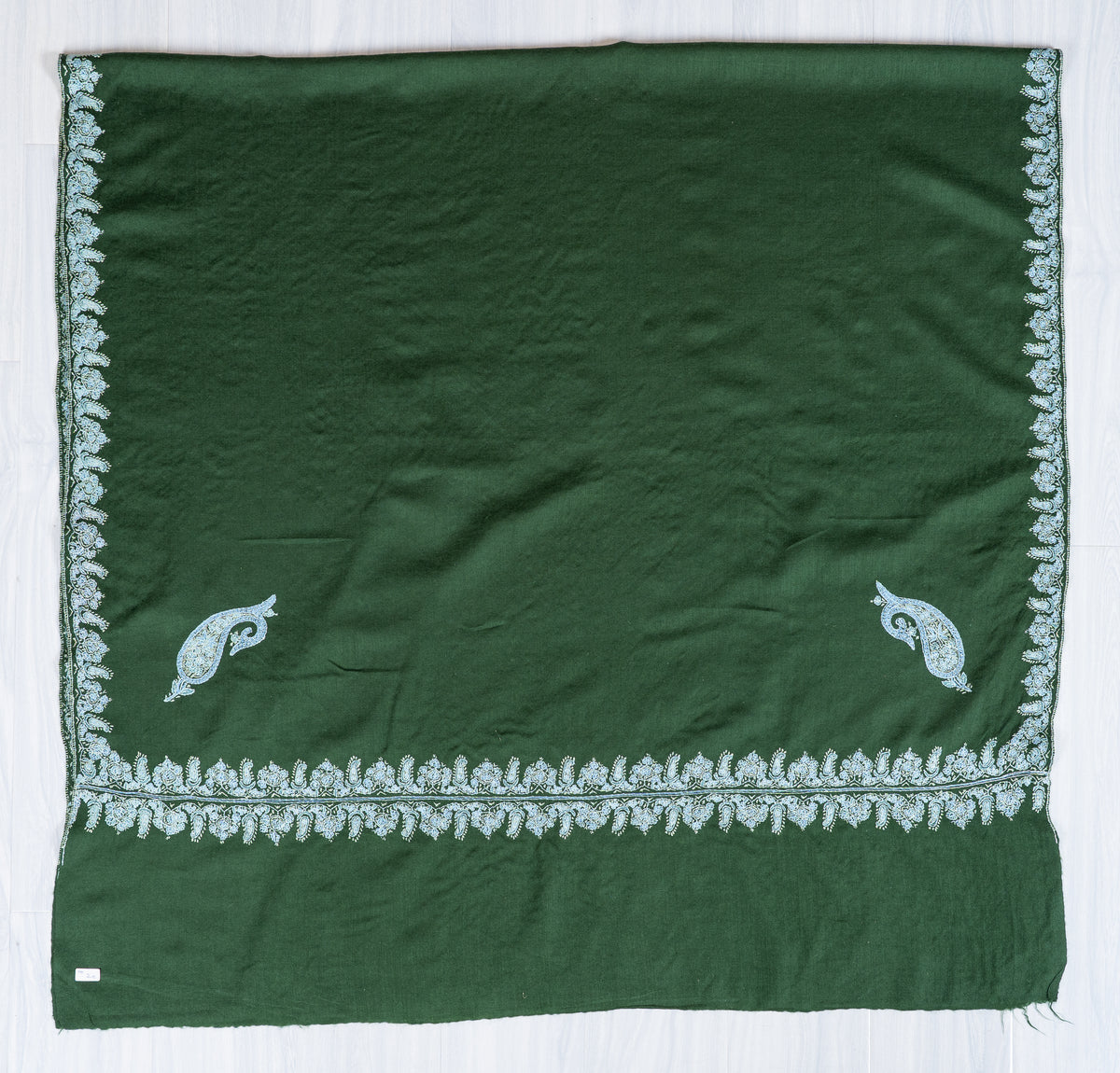Emerald Forest Merino Wool Shawl with Ice Blue Sozni Hand Embroidered Floral Borders