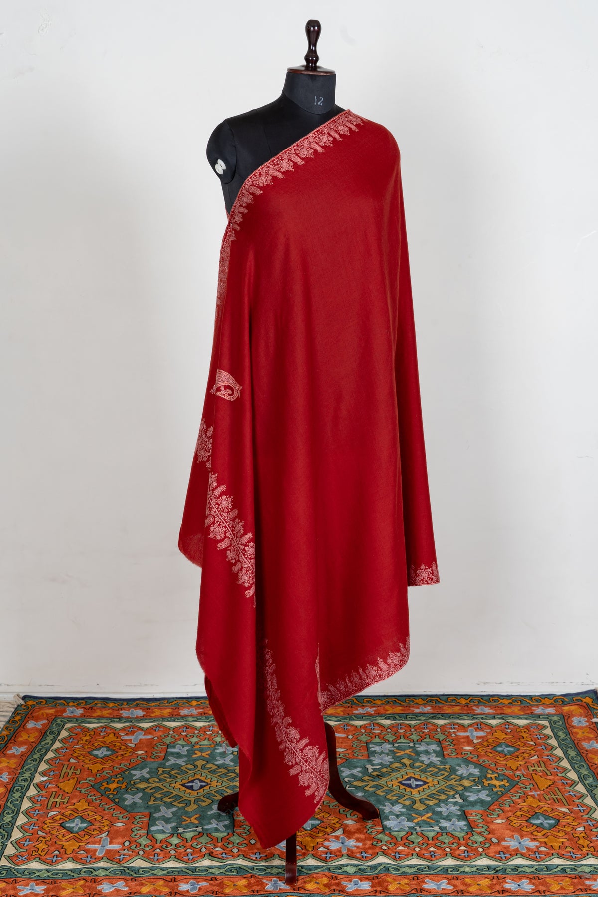 Scarlet Bloom Merino Wool Shawl with Blush Pink Sozni Hand Embroidered Vines