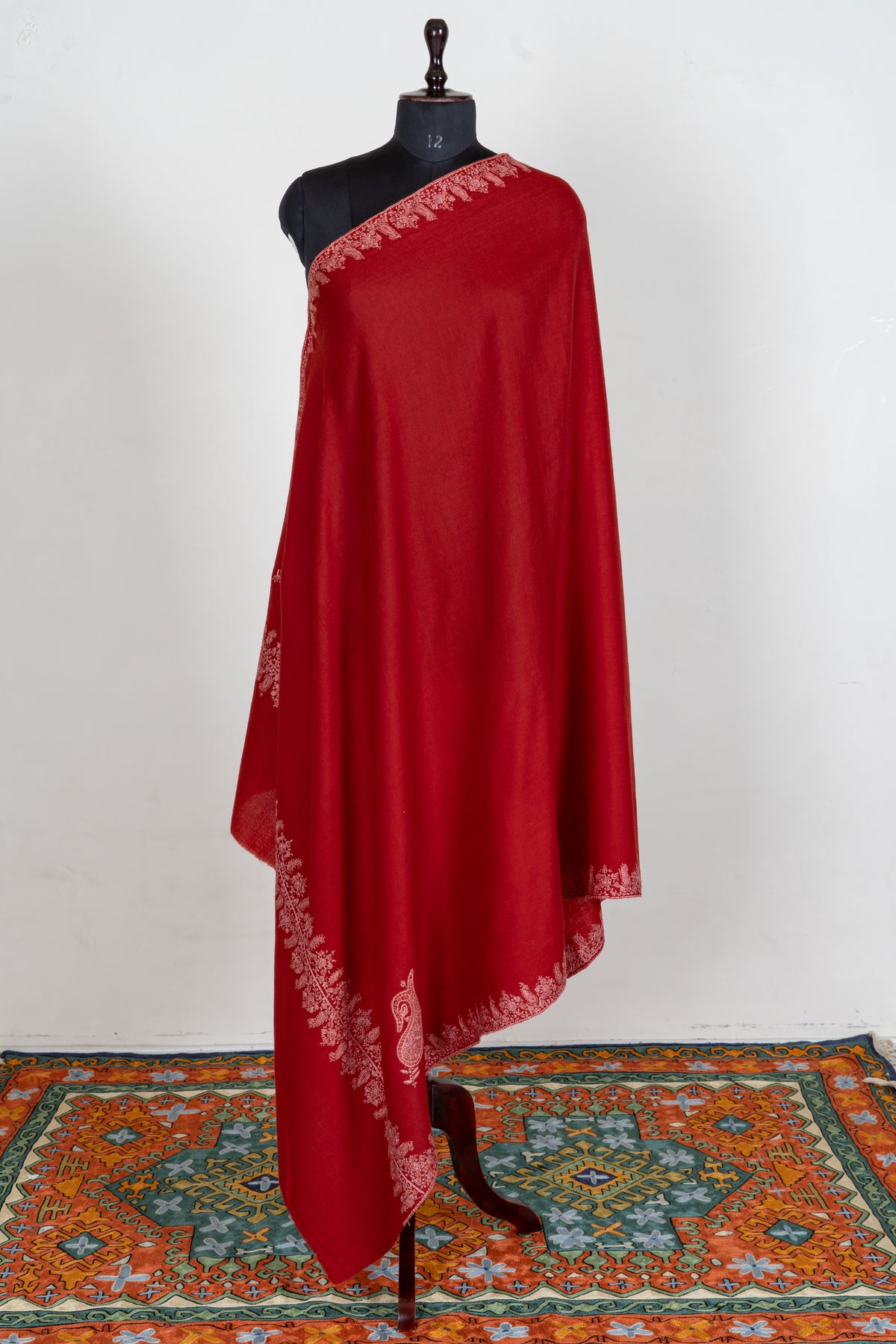 Scarlet Bloom Merino Wool Shawl with Blush Pink Sozni Hand Embroidered Vines