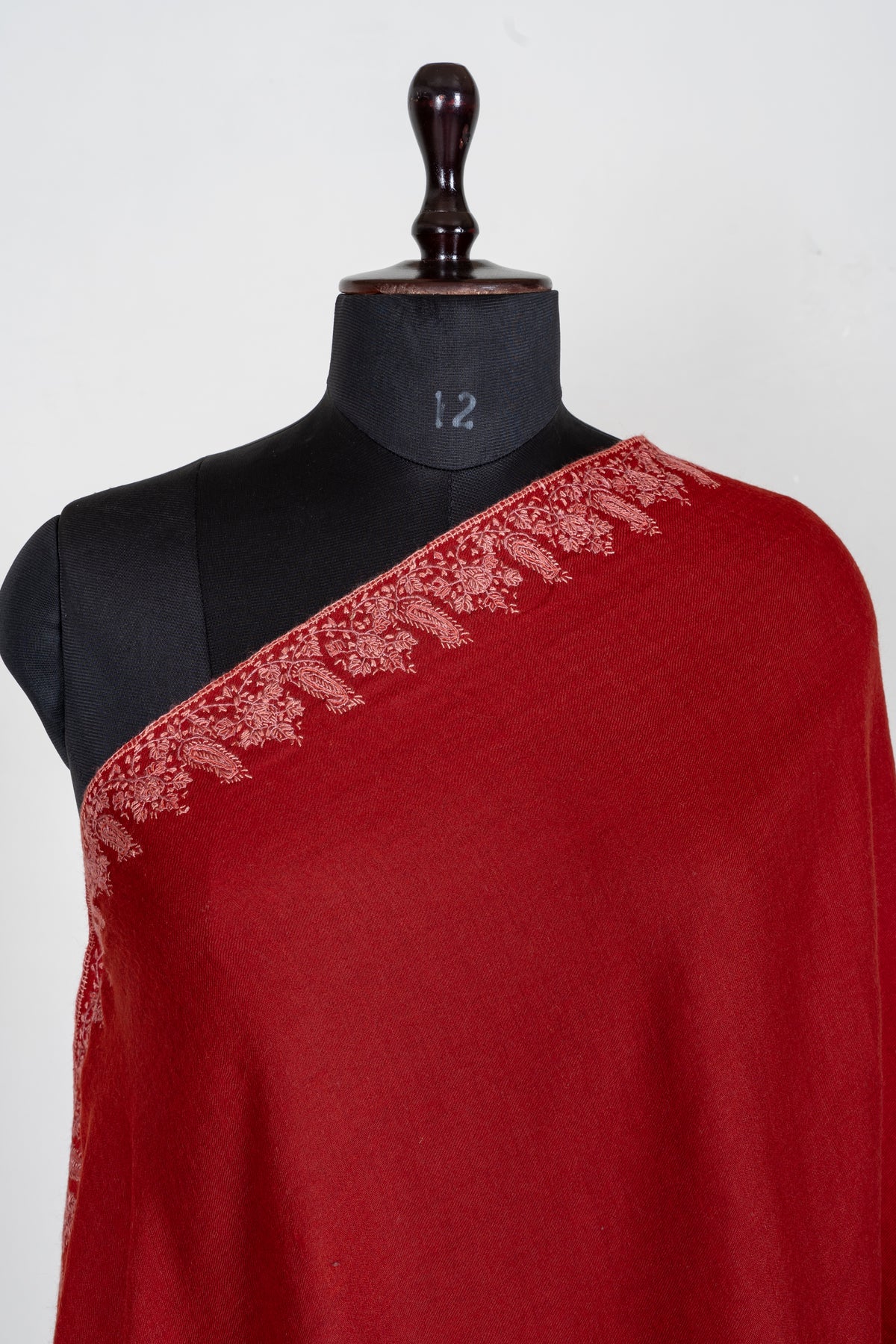 Scarlet Bloom Merino Wool Shawl with Blush Pink Sozni Hand Embroidered Vines