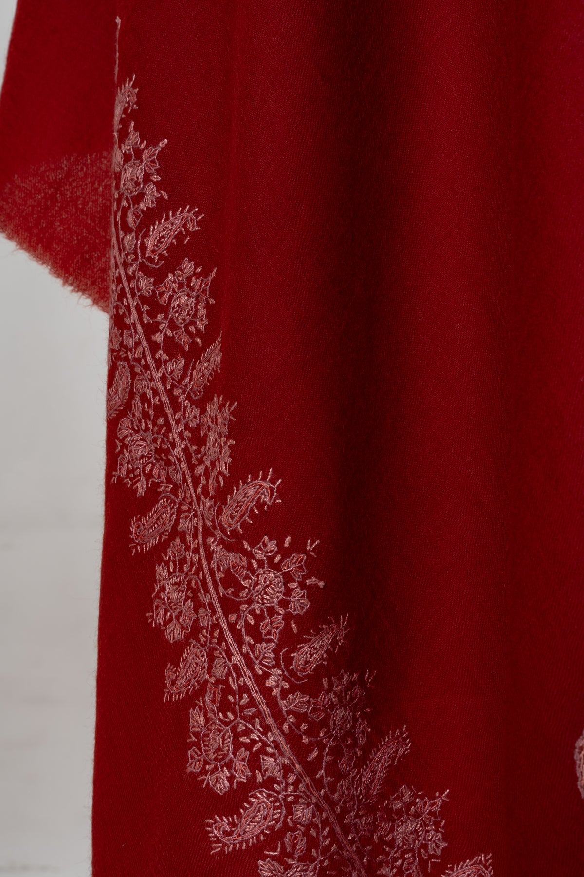 Scarlet Bloom Merino Wool Shawl with Blush Pink Sozni Hand Embroidered Vines