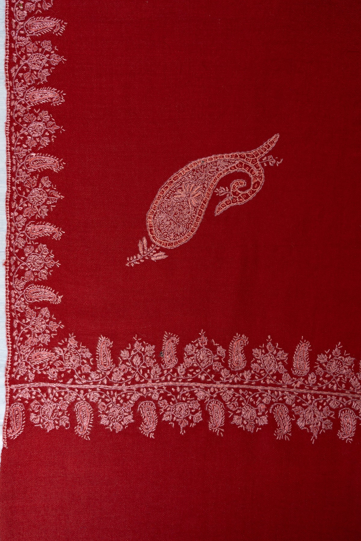Scarlet Bloom Merino Wool Shawl with Blush Pink Sozni Hand Embroidered Vines