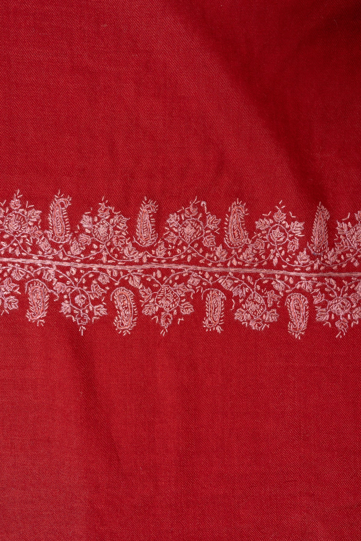 Scarlet Bloom Merino Wool Shawl with Blush Pink Sozni Hand Embroidered Vines