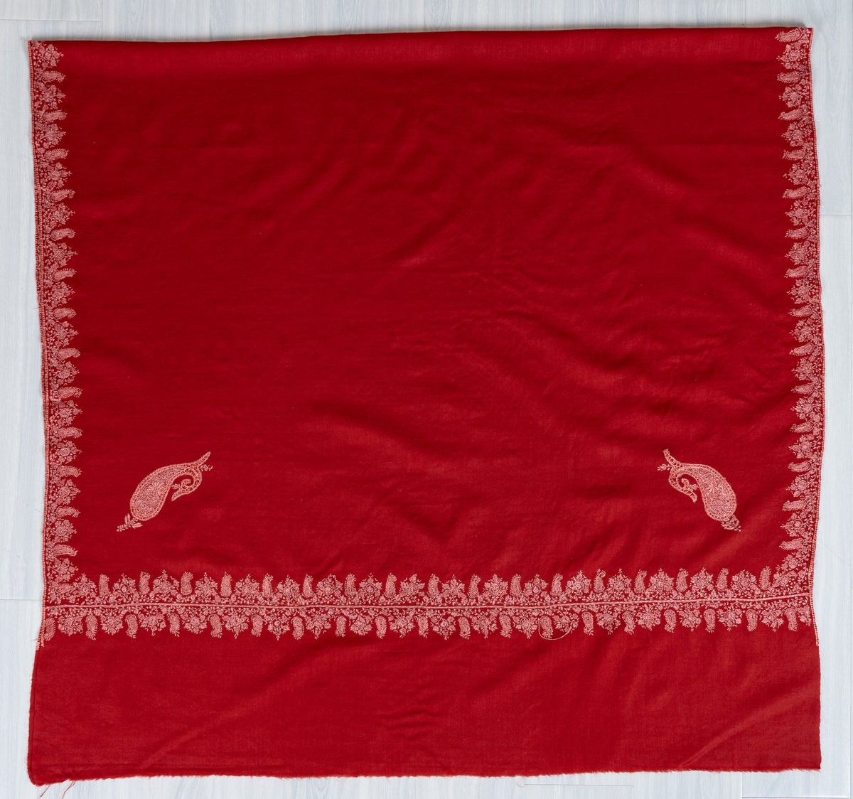 Scarlet Bloom Merino Wool Shawl with Blush Pink Sozni Hand Embroidered Vines