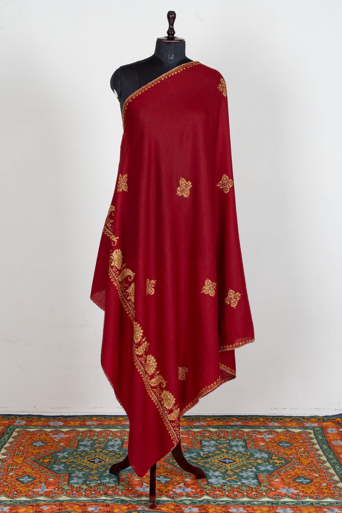 Royal Ruby Merino Wool Shawl with Golden Sozni Hand Embroidered Floral Sprigs