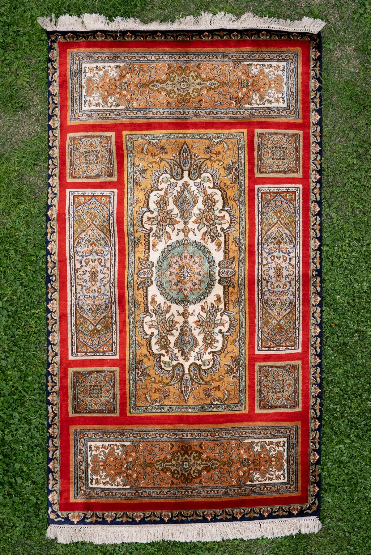 2.5ft x 4ft Imperial Crimson Panel Legacy: Hand Knotted Mulberry silk on silk Kashmiri Carpet