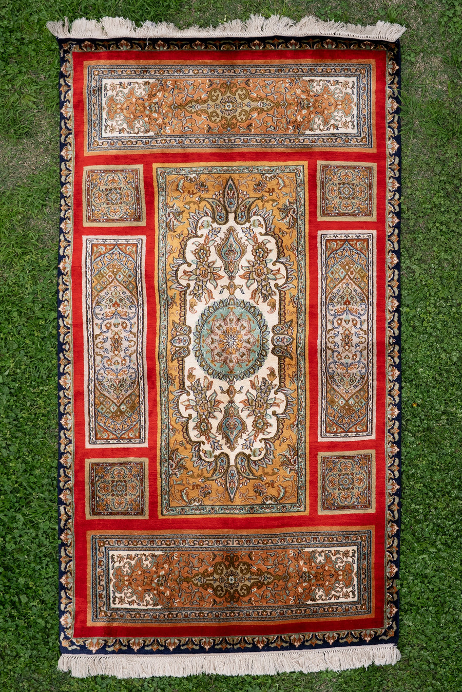 2.5ft x 4ft Imperial Crimson Panel Legacy: Hand Knotted Mulberry silk on silk Kashmiri Carpet