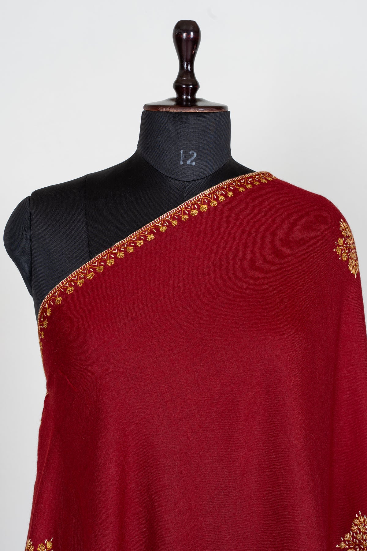 Royal Ruby Merino Wool Shawl with Golden Sozni Hand Embroidered Floral Sprigs