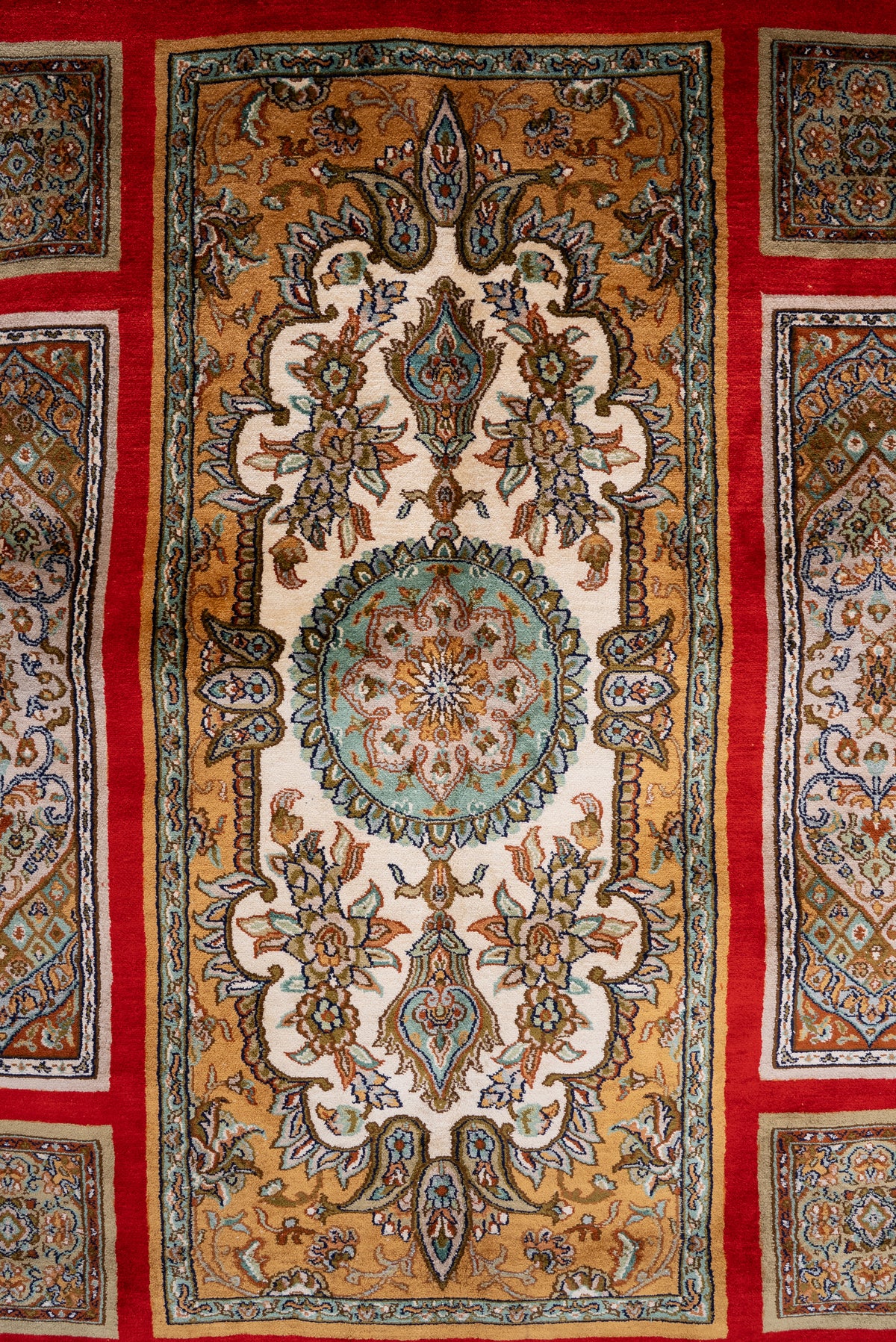 2.5ft x 4ft Imperial Crimson Panel Legacy: Hand Knotted Mulberry silk on silk Kashmiri Carpet