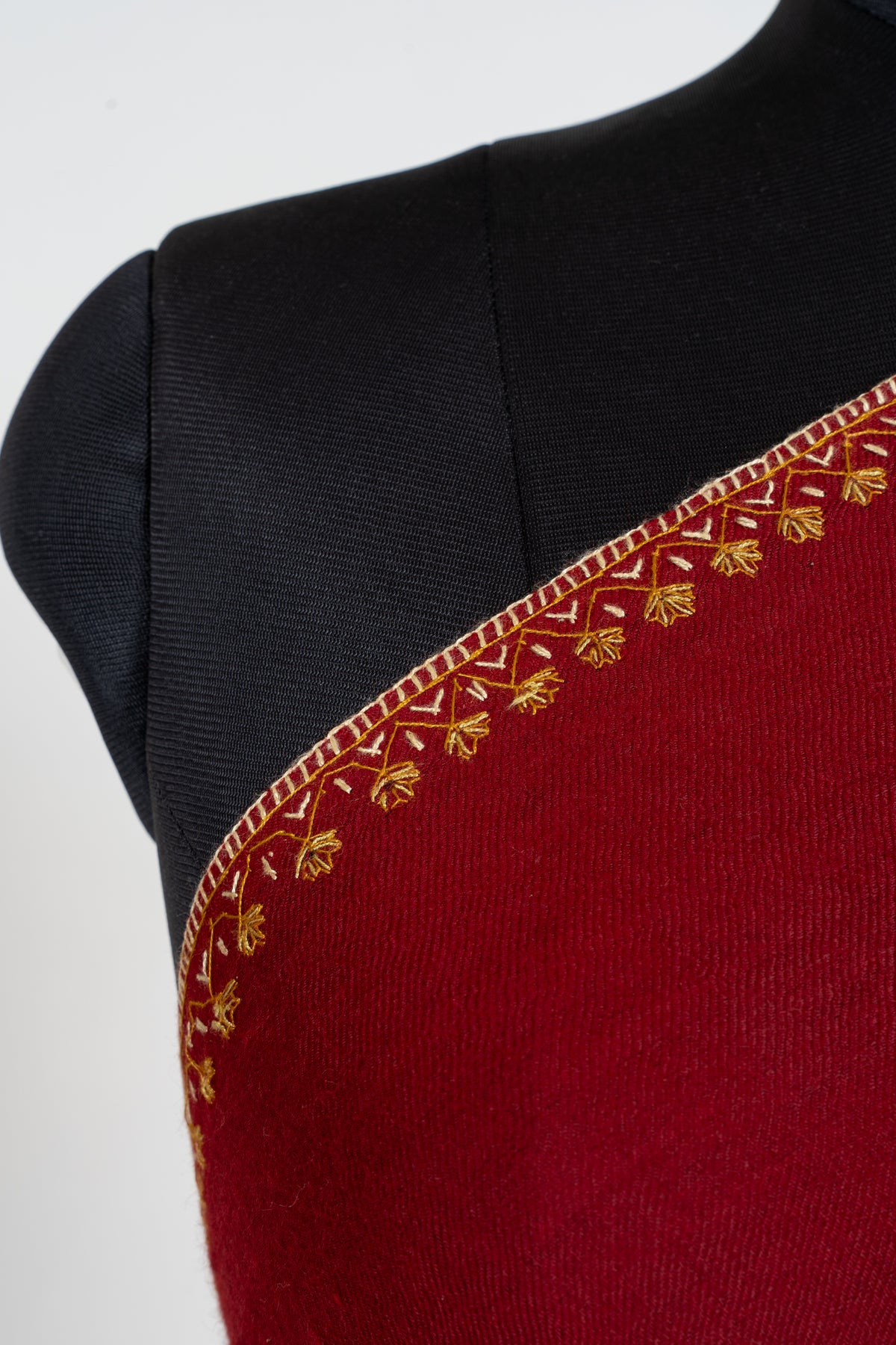 Royal Ruby Merino Wool Shawl with Golden Sozni Hand Embroidered Floral Sprigs