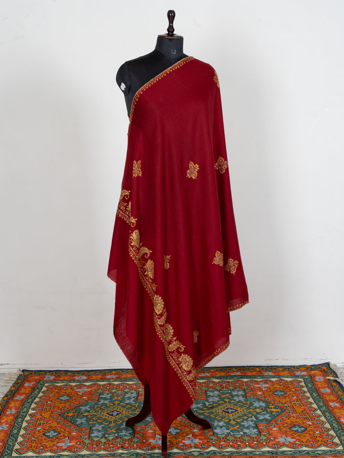 Royal Ruby Merino Wool Shawl with Golden Sozni Hand Embroidered Floral Sprigs