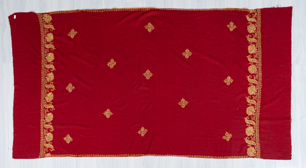Royal Ruby Merino Wool Shawl with Golden Sozni Hand Embroidered Floral Sprigs