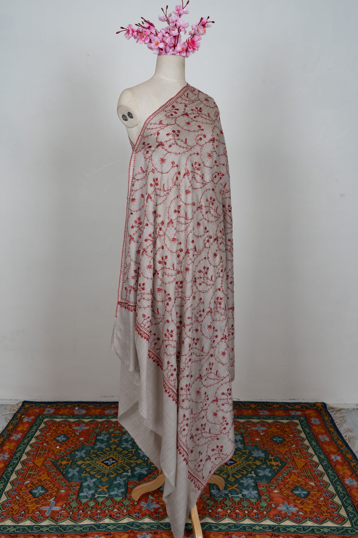 Crimson Frost Elegance: Merino wool 2.5 Yards Sozni Hand Embroidered Shawl