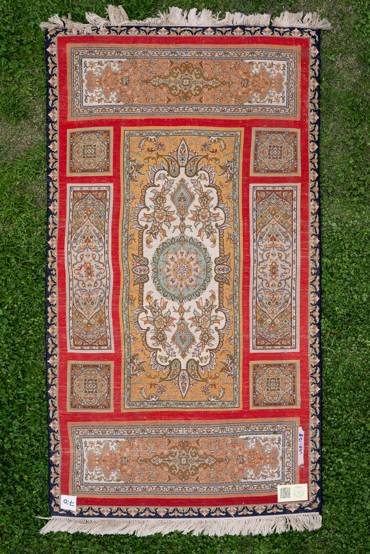 2.5ft x 4ft Imperial Crimson Panel Legacy: Hand Knotted Mulberry silk on silk Kashmiri Carpet