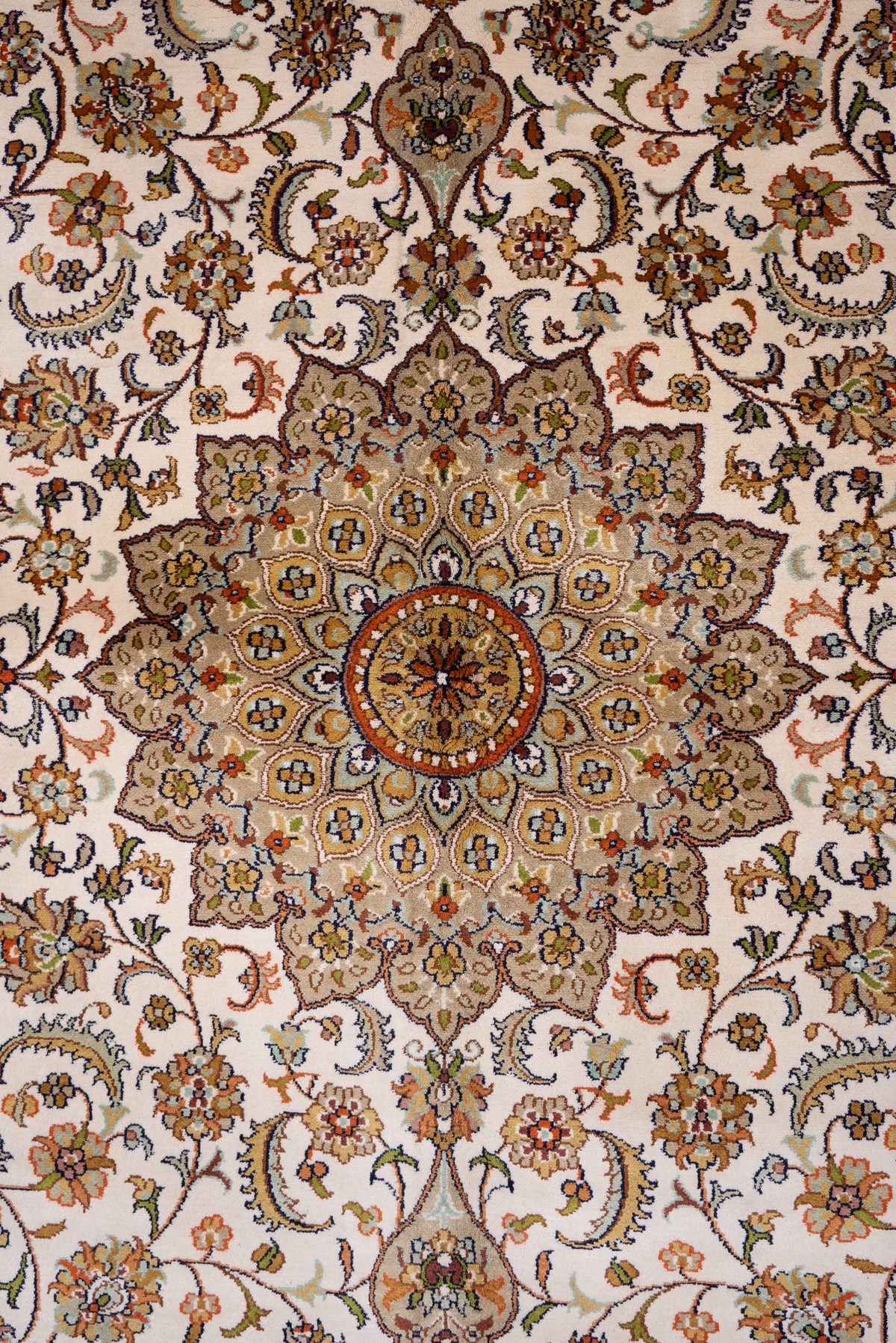 5ft x 3ft Golden Ivory Floral Symphony: Hand Knotted Mulberry silk on silk Kashmiri Carpet