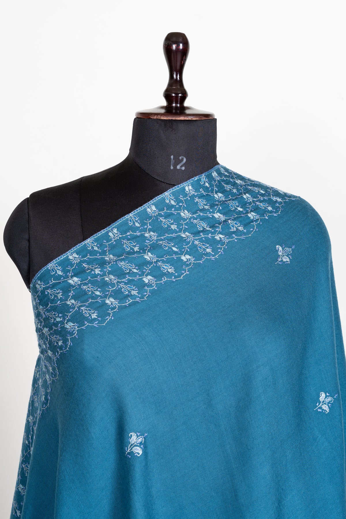 Azure Blue Merino Wool Shawl with Ivory Sozni Hand Embroidered Floral Trellis