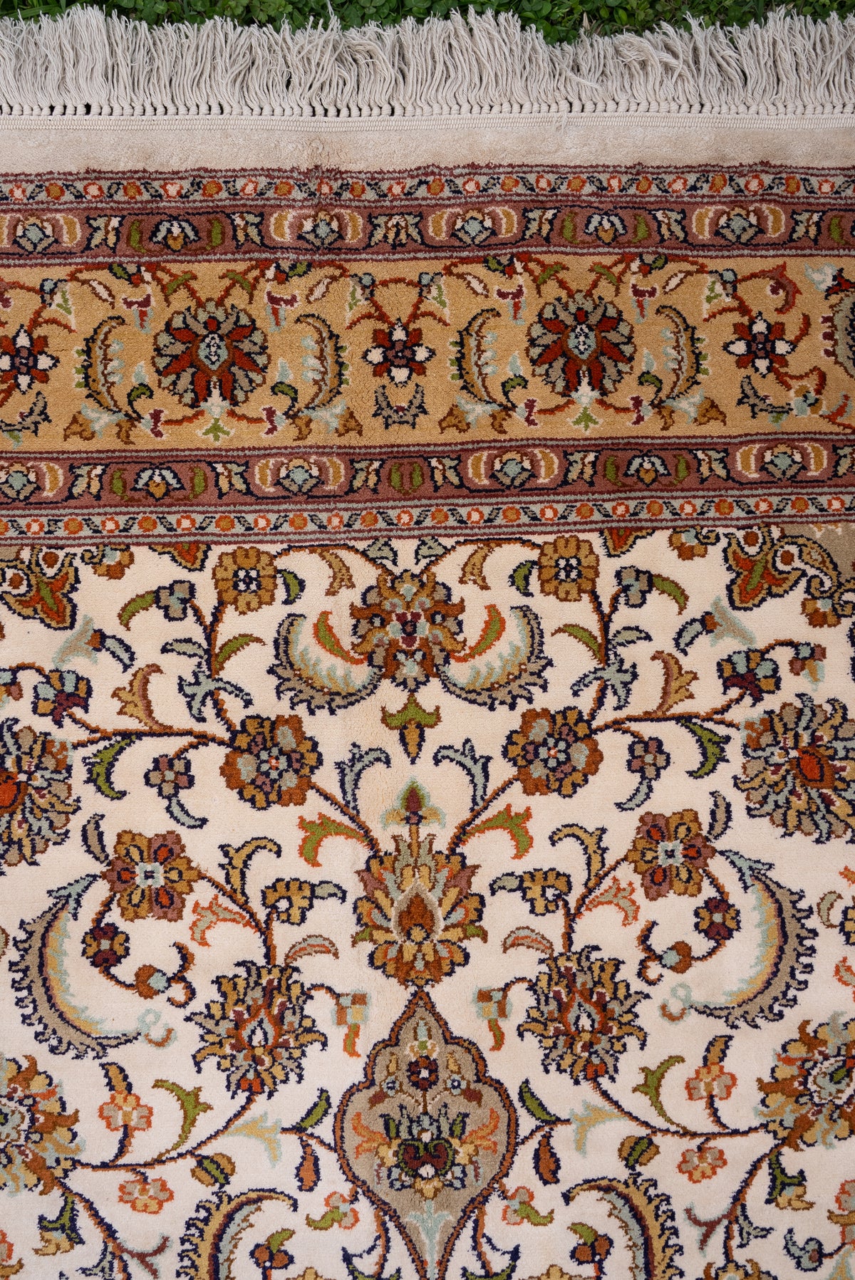 5ft x 3ft Golden Ivory Floral Symphony: Hand Knotted Mulberry silk on silk Kashmiri Carpet