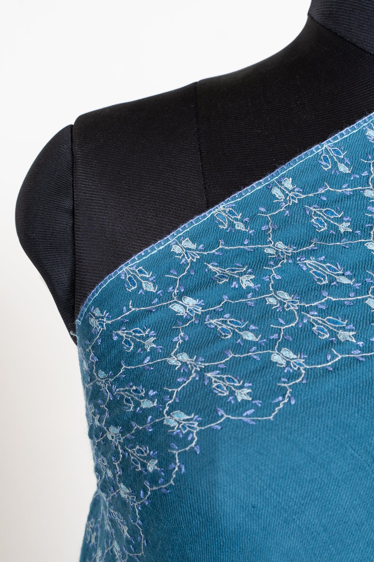 Azure Blue Merino Wool Shawl with Ivory Sozni Hand Embroidered Floral Trellis