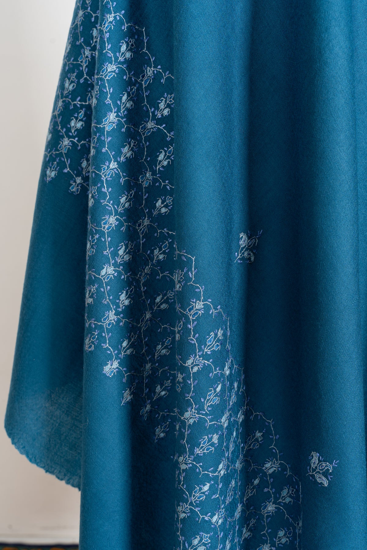 Azure Blue Merino Wool Shawl with Ivory Sozni Hand Embroidered Floral Trellis