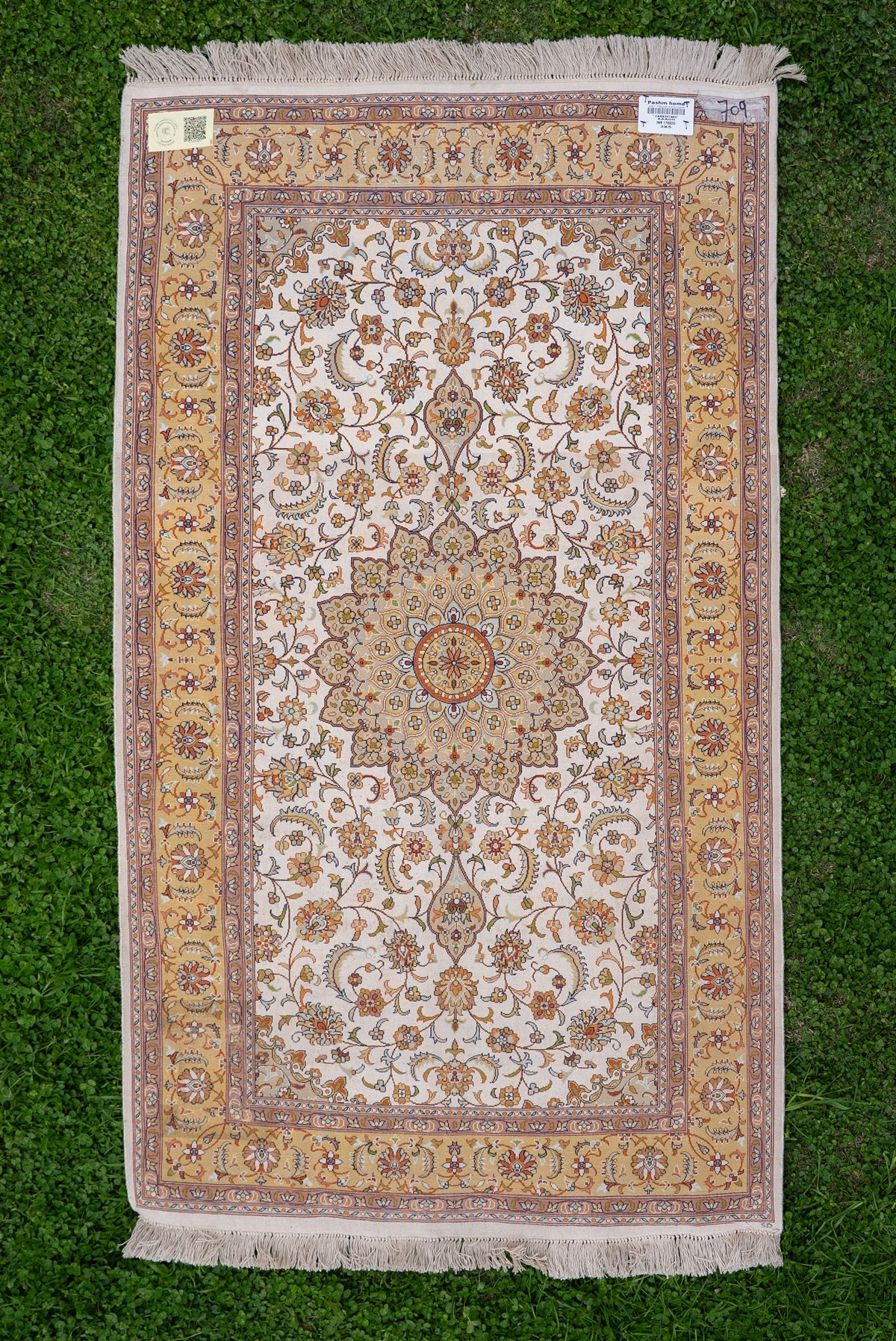 5ft x 3ft Golden Ivory Floral Symphony: Hand Knotted Mulberry silk on silk Kashmiri Carpet