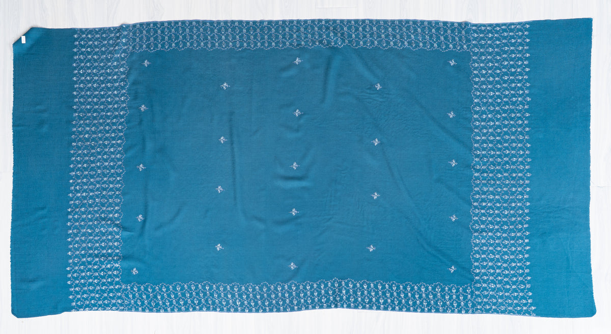 Azure Blue Merino Wool Shawl with Ivory Sozni Hand Embroidered Floral Trellis