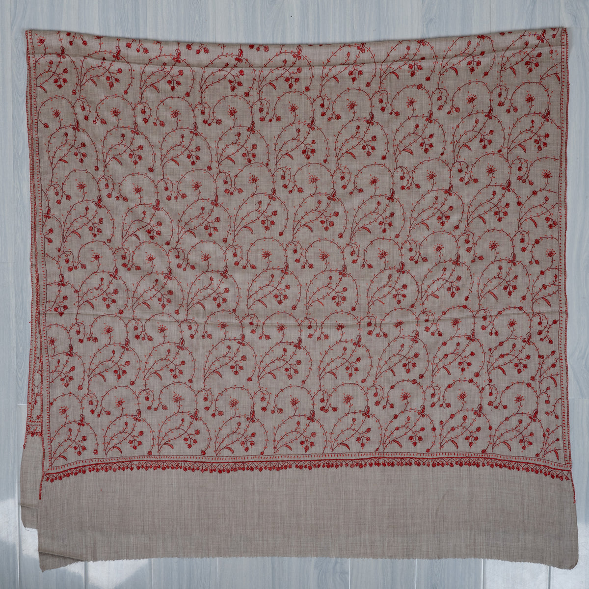 Crimson Frost Elegance: Merino wool 2.5 Yards Sozni Hand Embroidered Shawl