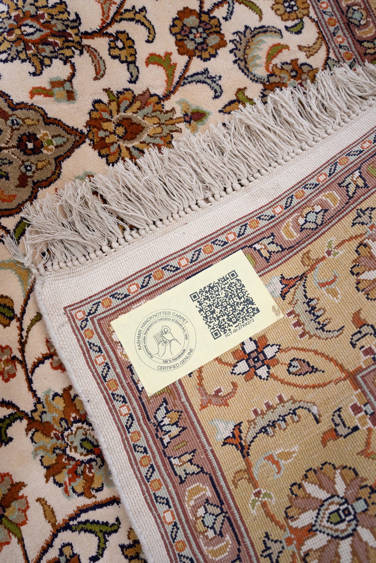 5ft x 3ft Golden Ivory Floral Symphony: Hand Knotted Mulberry silk on silk Kashmiri Carpet