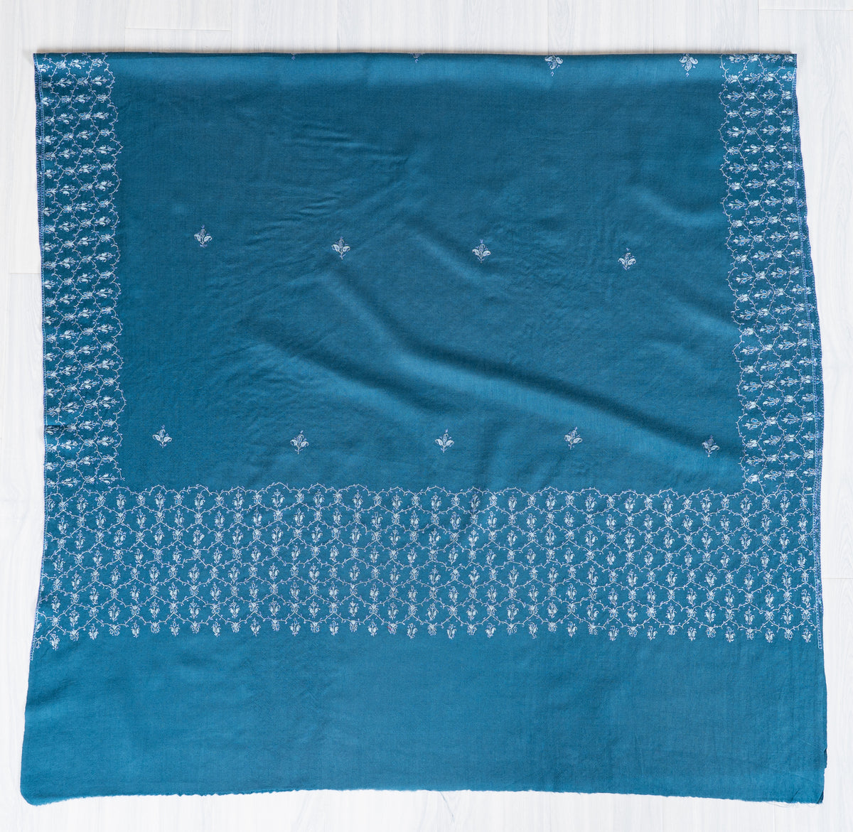 Azure Blue Merino Wool Shawl with Ivory Sozni Hand Embroidered Floral Trellis