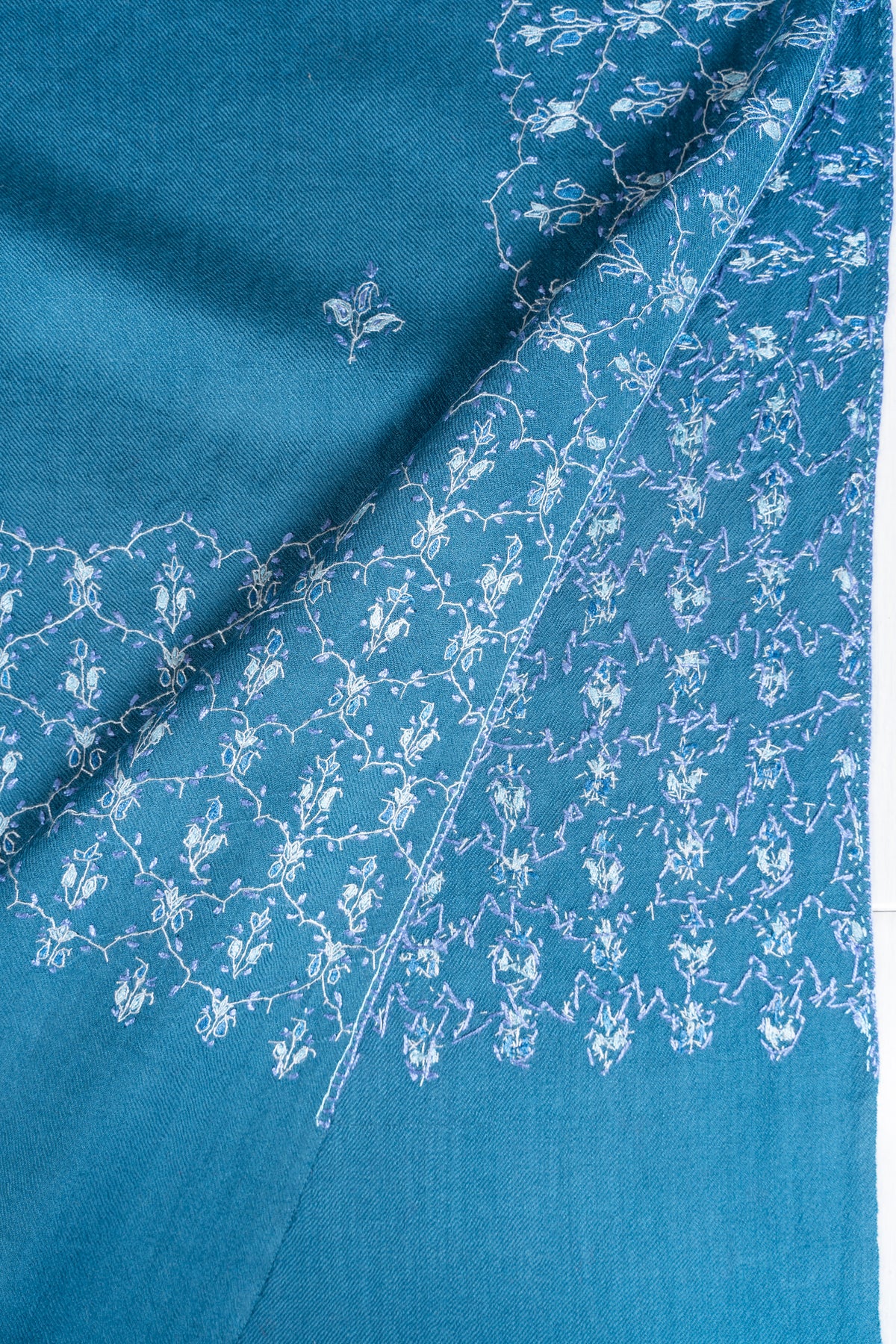 Azure Blue Merino Wool Shawl with Ivory Sozni Hand Embroidered Floral Trellis